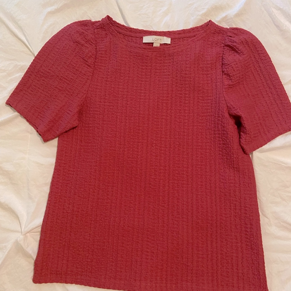 LOFT Rich Salmon Puff Sleeve Ribbed Blouse/Top